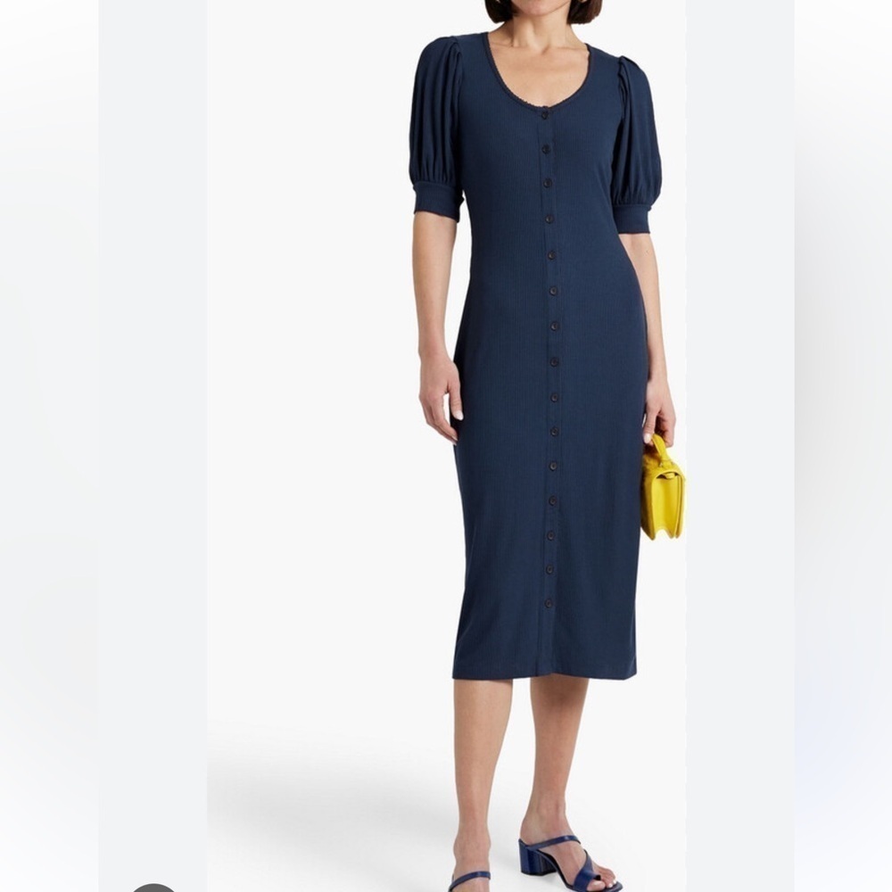 Joie Valletta Blue Ribbed Stretch Short Sleeve Button Down Midi Dress Size Small